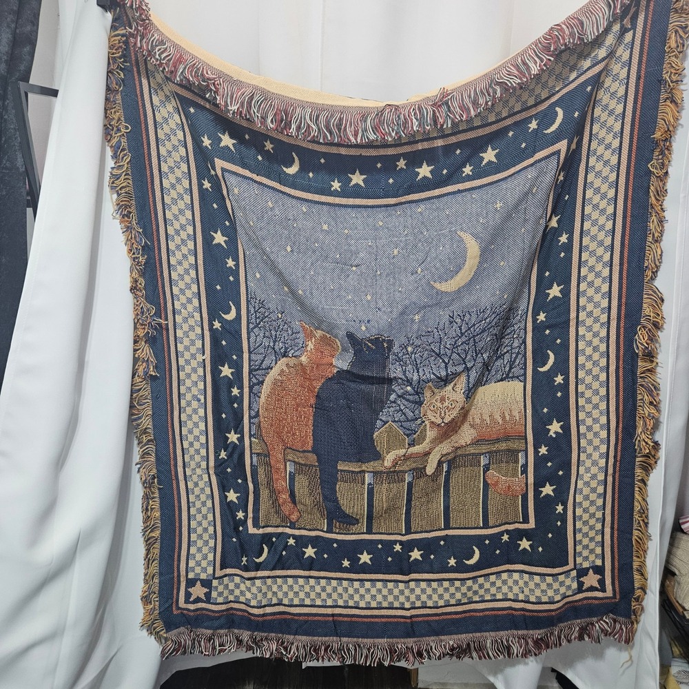 Vintage Americana Stars Cats Woven Throw Blanket Red White Blue USA country READ